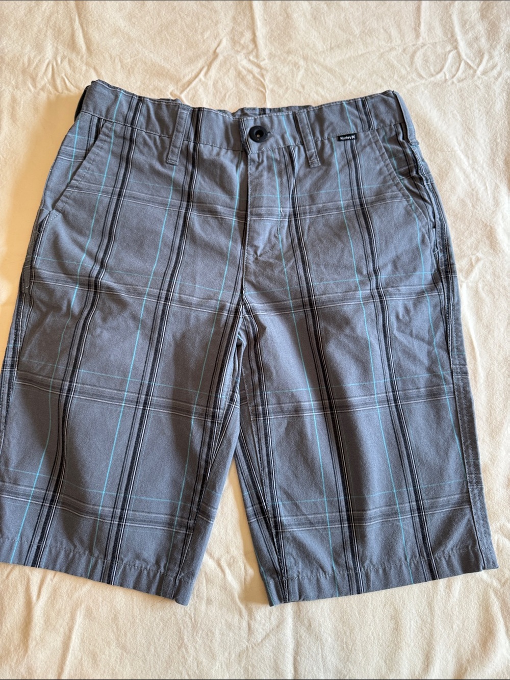 Hurley Boys Gray Plaid Shorts with Teal Windowpane